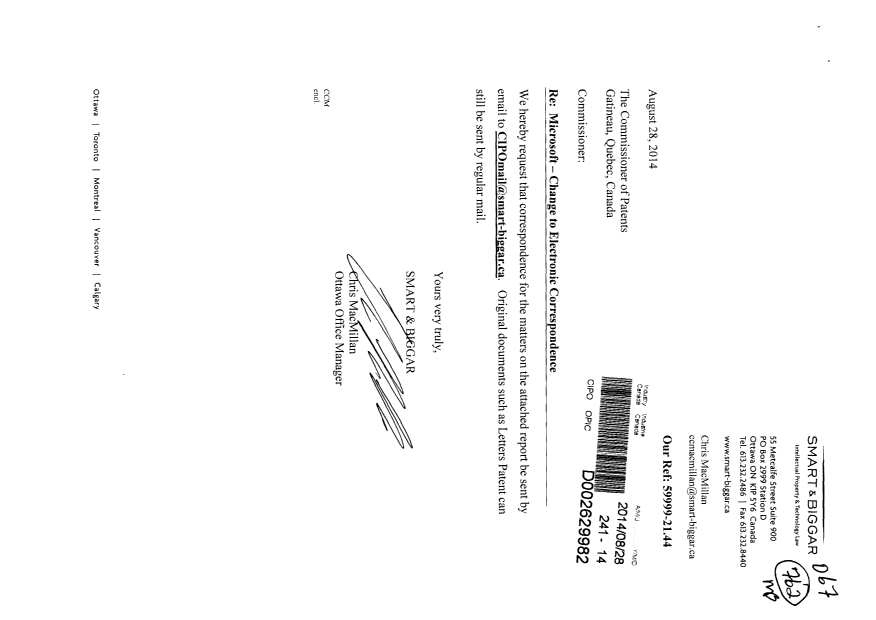 Document de brevet canadien 2772030. Correspondance 20140828. Image 1 de 2