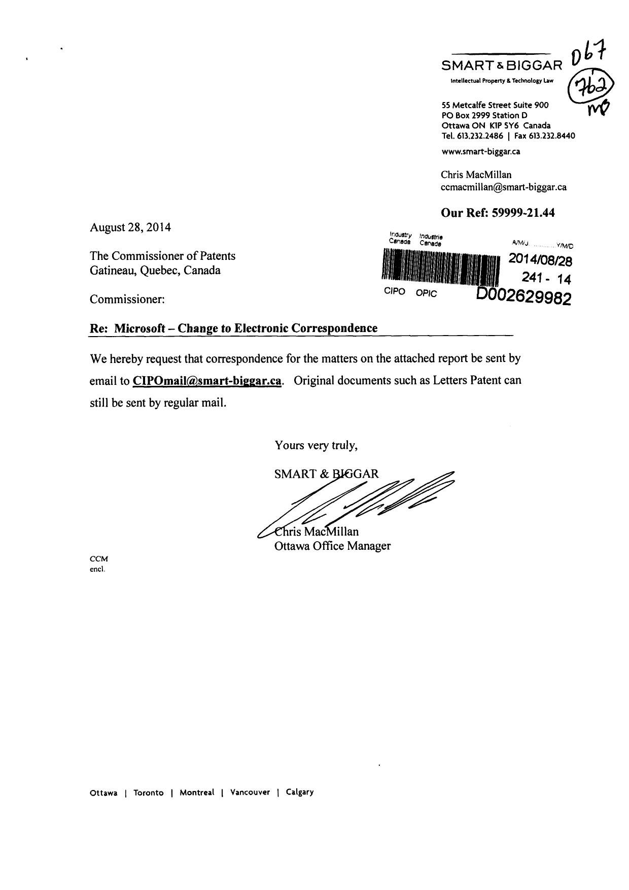 Document de brevet canadien 2772030. Correspondance 20140828. Image 1 de 2