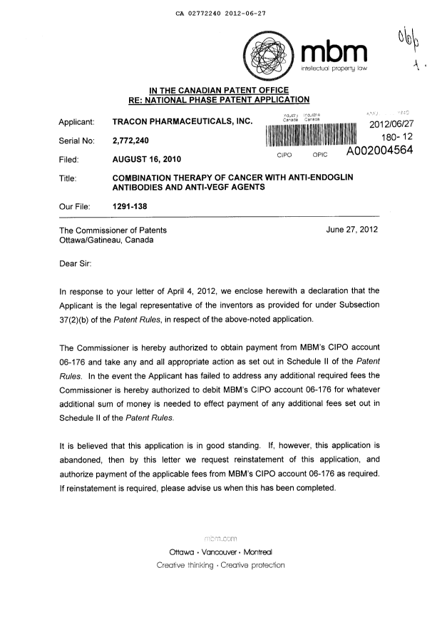 Document de brevet canadien 2772240. Correspondance 20120627. Image 1 de 3