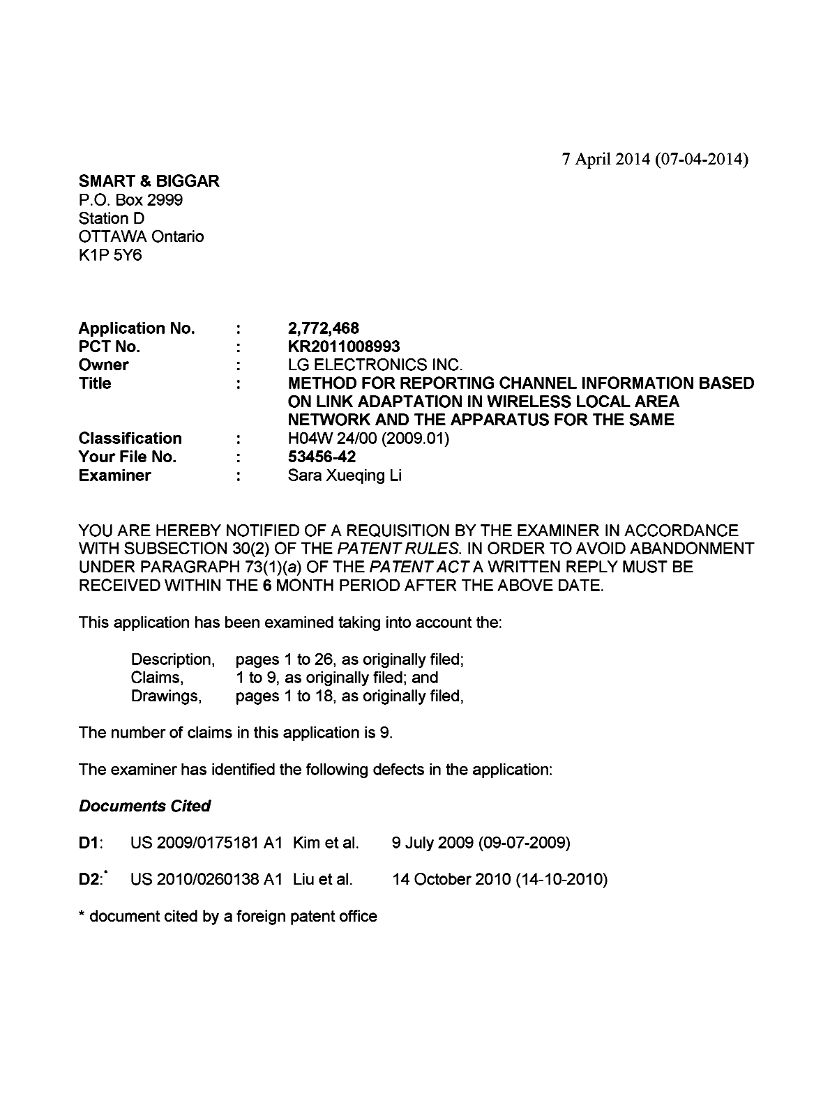 Document de brevet canadien 2772468. Poursuite-Amendment 20131207. Image 1 de 2