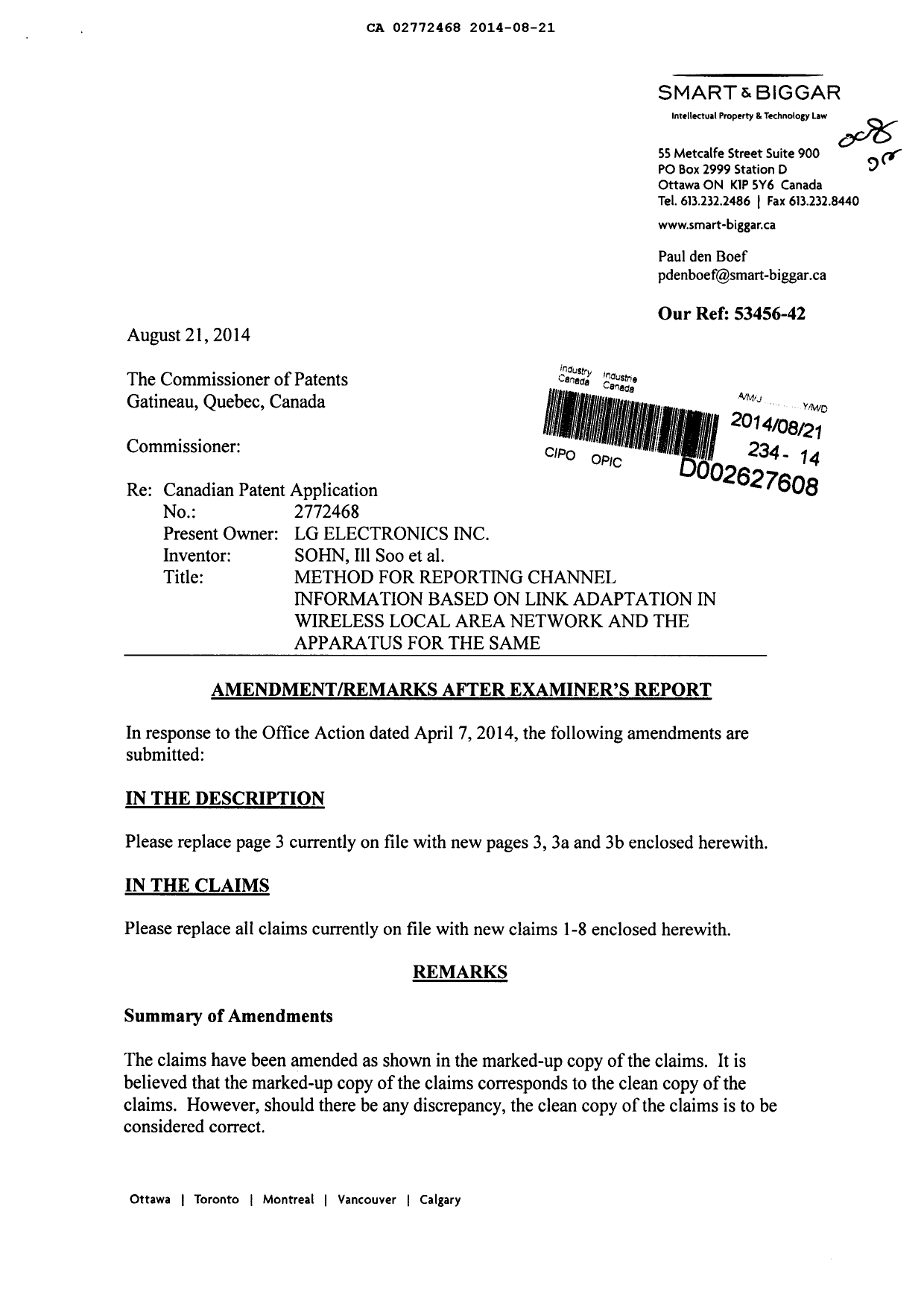 Document de brevet canadien 2772468. Poursuite-Amendment 20131221. Image 1 de 14