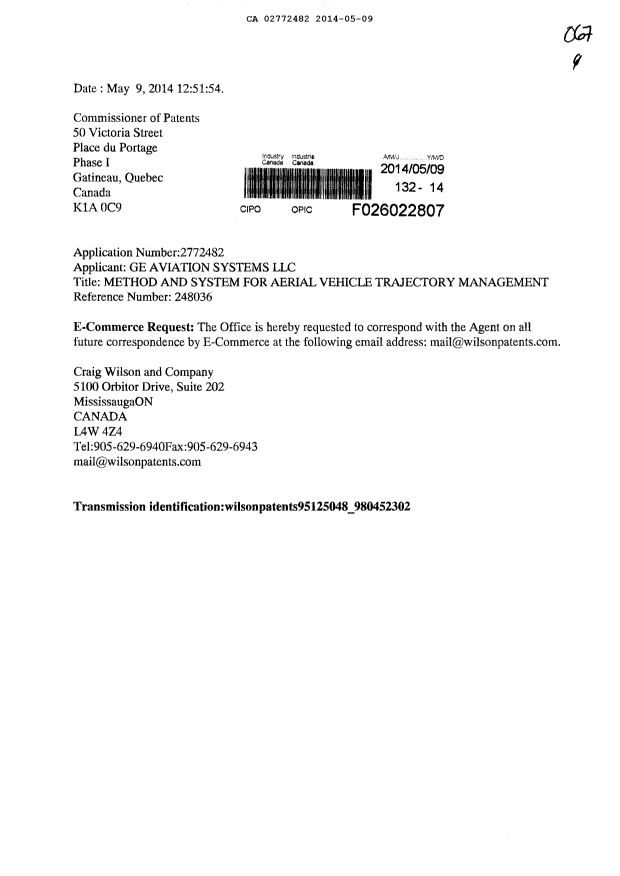 Document de brevet canadien 2772482. Correspondance 20140509. Image 1 de 1