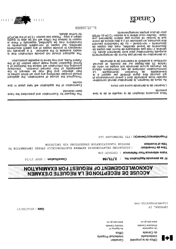 Canadian Patent Document 2773194. Correspondence 20120417. Image 1 of 1
