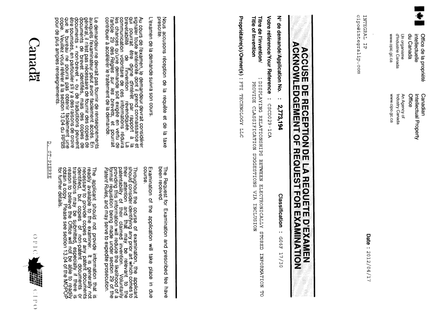 Document de brevet canadien 2773194. Correspondance 20120417. Image 1 de 1
