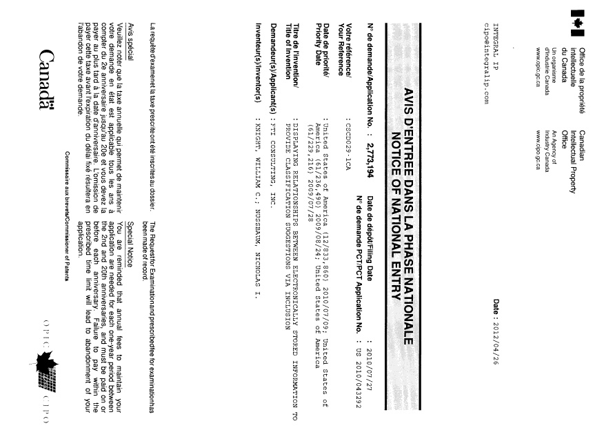 Canadian Patent Document 2773194. Correspondence 20120426. Image 1 of 1