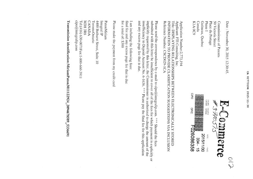 Document de brevet canadien 2773194. Taxe finale 20151130. Image 1 de 1