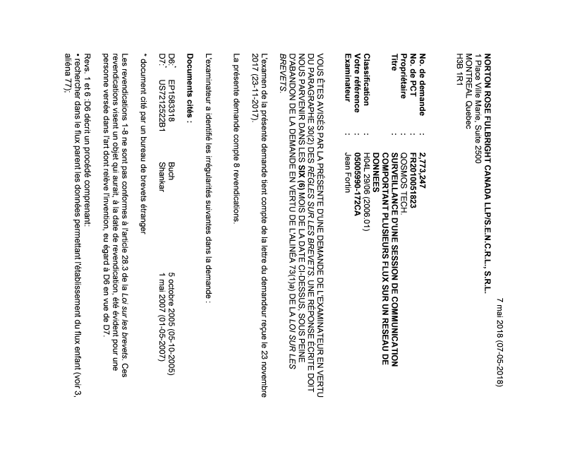 Document de brevet canadien 2773247. Demande d'examen 20180507. Image 1 de 3