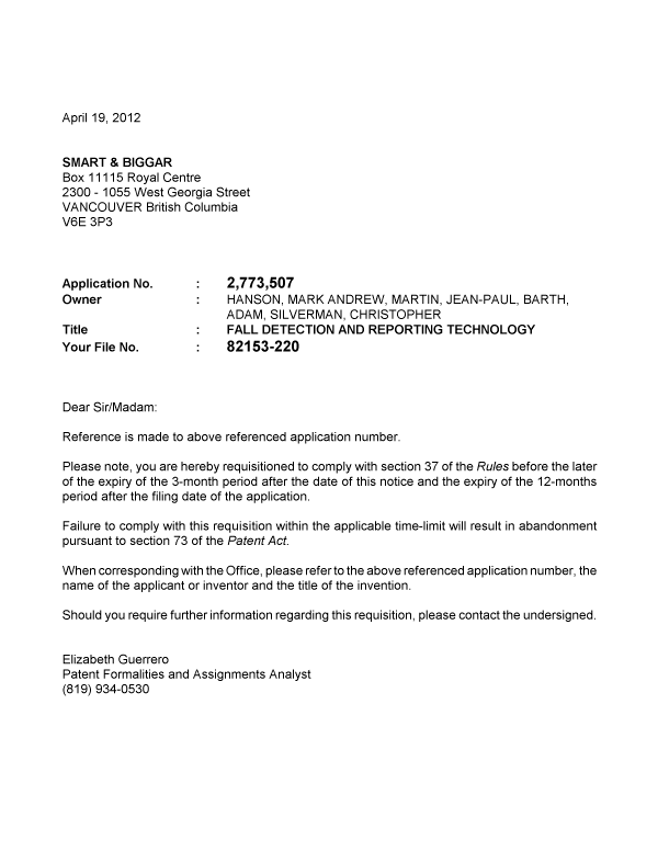 Document de brevet canadien 2773507. Correspondance 20120419. Image 1 de 1