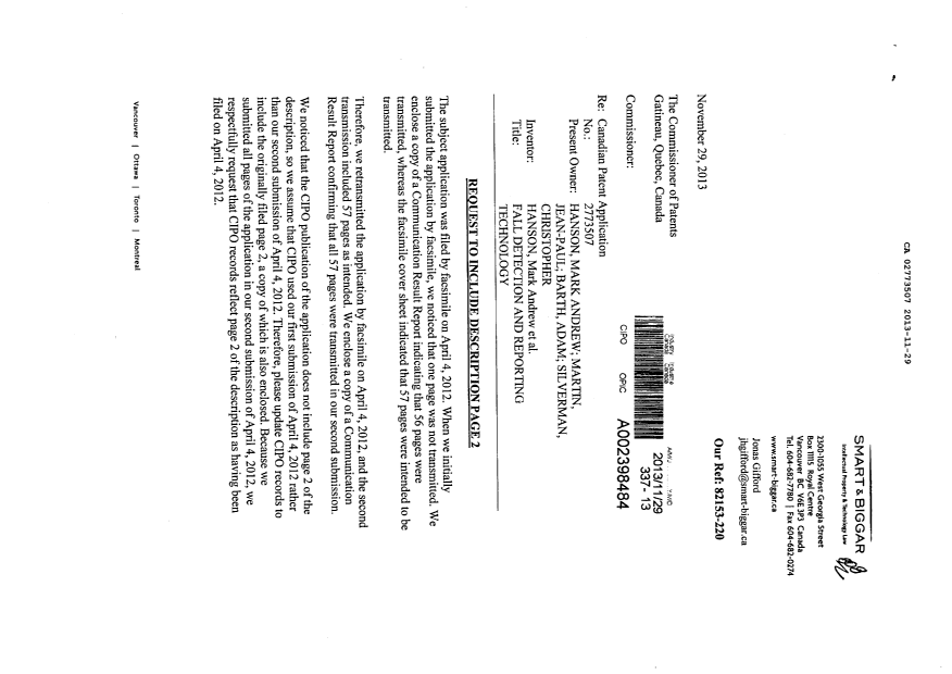 Document de brevet canadien 2773507. Modification 20131129. Image 1 de 3