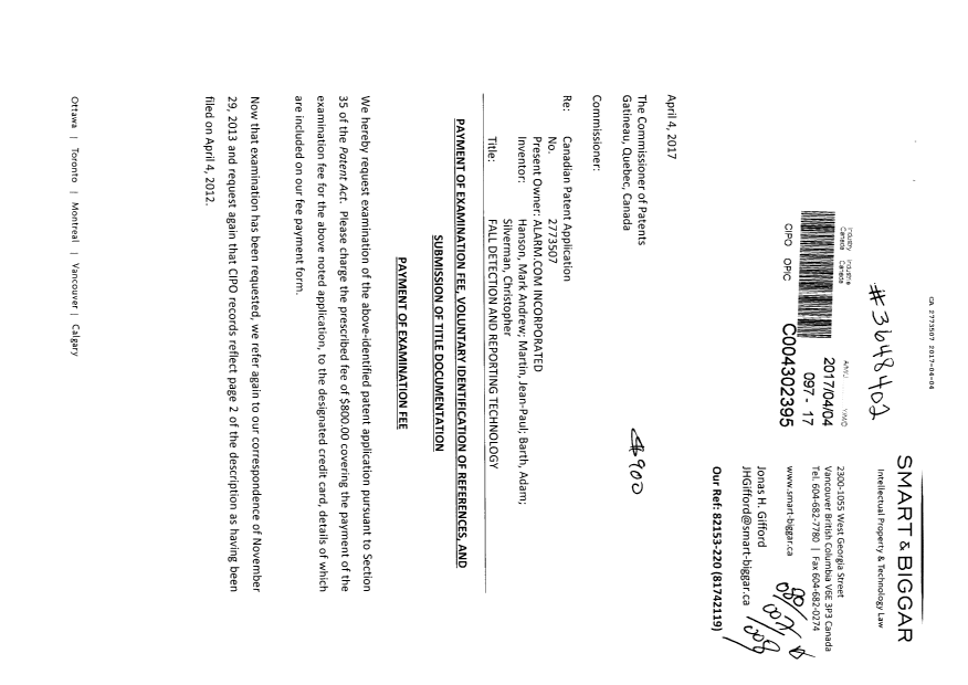 Document de brevet canadien 2773507. Requête d'examen 20170404. Image 1 de 3