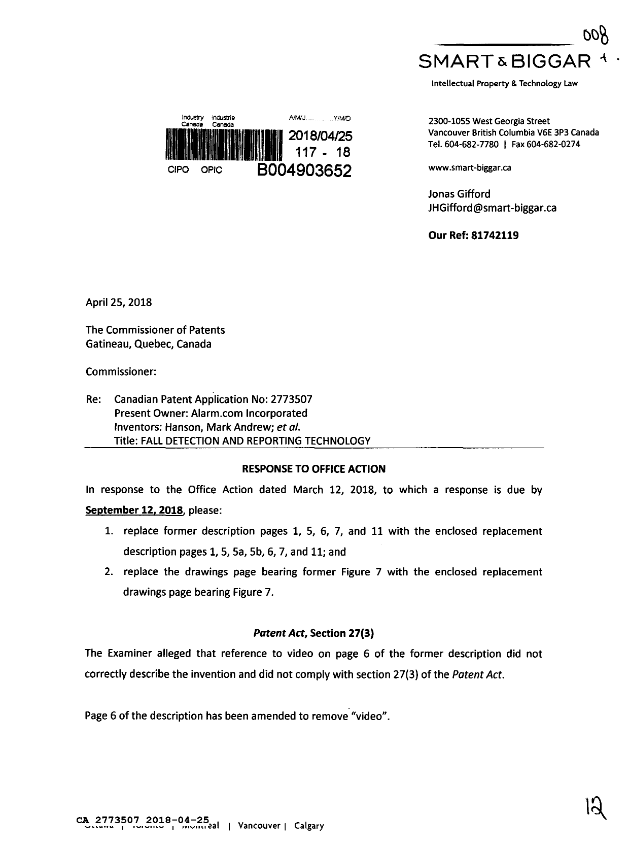Document de brevet canadien 2773507. Modification 20180425. Image 1 de 12