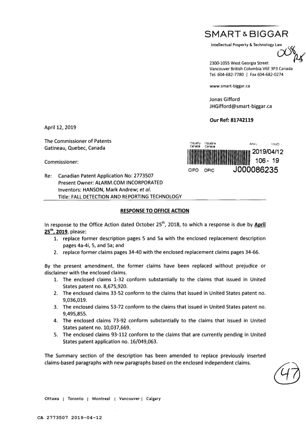 Document de brevet canadien 2773507. Modification 20190412. Image 1 de 47