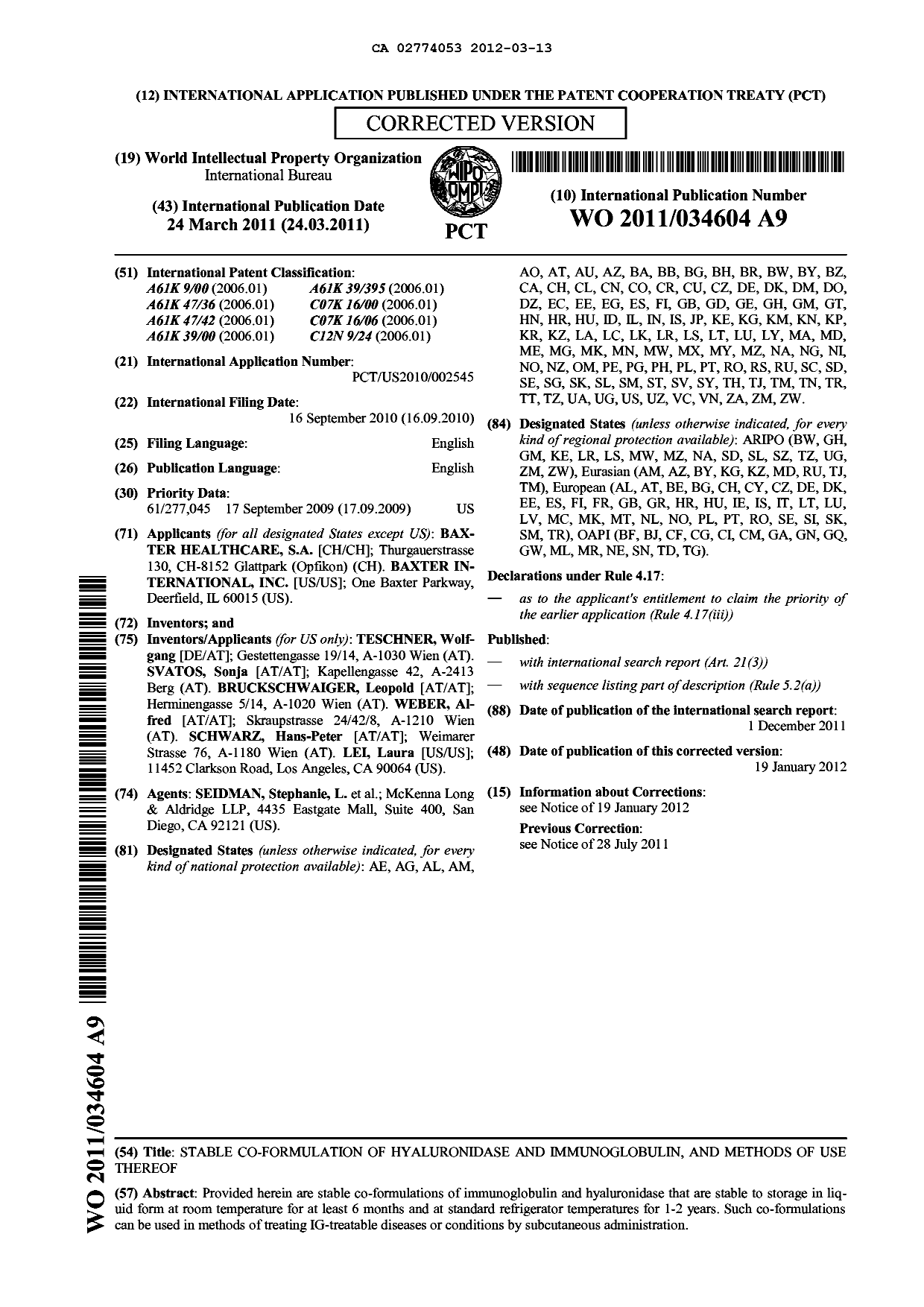 Document de brevet canadien 2774053. Abrégé 20120313. Image 1 de 1