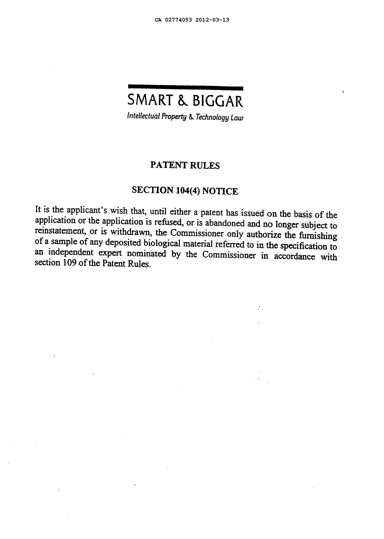 Document de brevet canadien 2774053. Poursuite-Amendment 20120313. Image 1 de 1