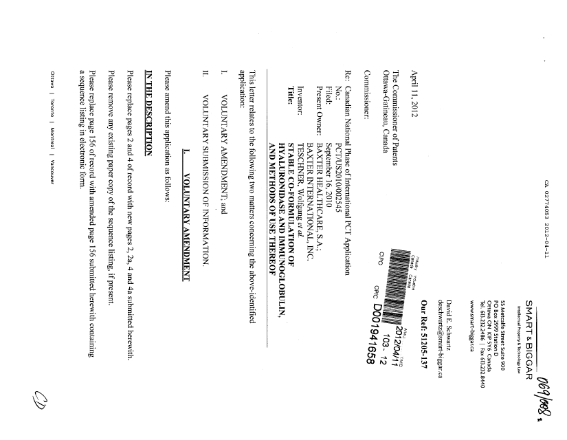 Document de brevet canadien 2774053. Correspondance de la poursuite 20120411. Image 1 de 15