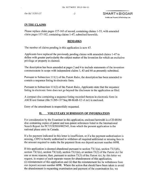 Document de brevet canadien 2774053. Correspondance de la poursuite 20120411. Image 2 de 15