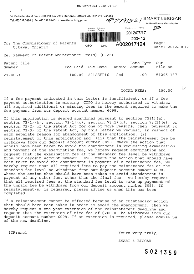 Canadian Patent Document 2774053. Fees 20120717. Image 1 of 1