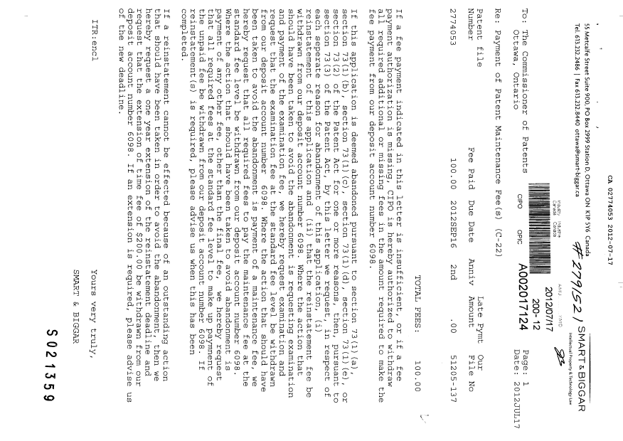 Document de brevet canadien 2774053. Taxes 20120717. Image 1 de 1