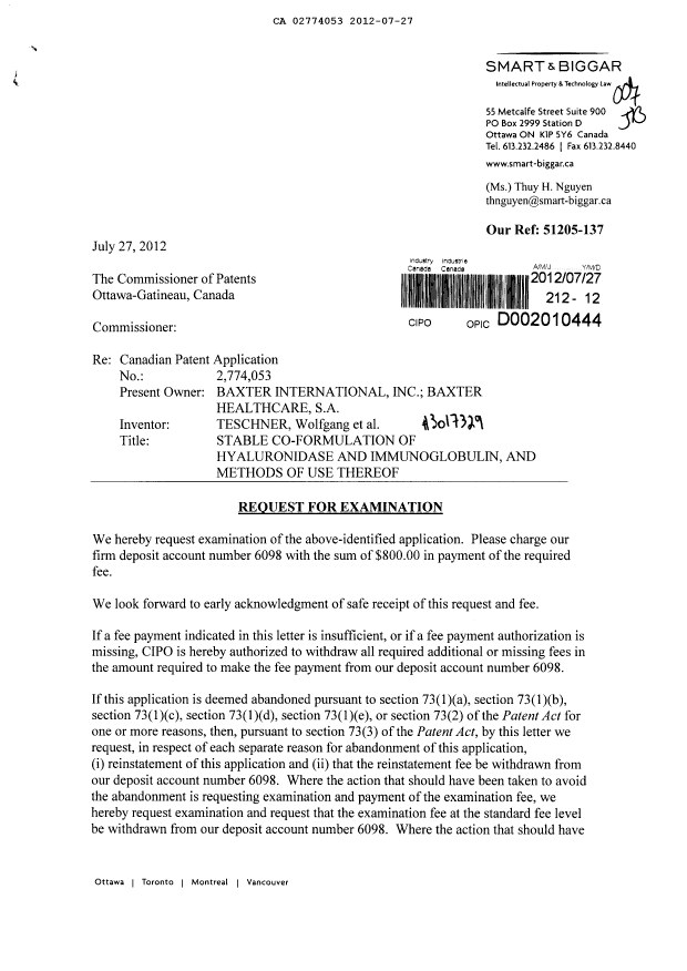 Canadian Patent Document 2774053. Prosecution-Amendment 20120727. Image 1 of 2