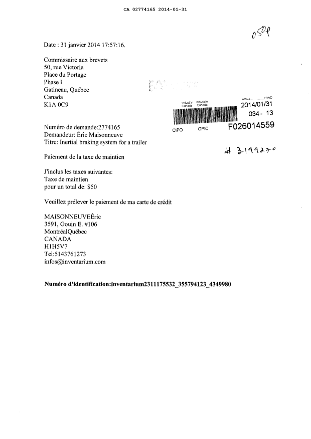 Document de brevet canadien 2774165. Taxes 20140131. Image 1 de 1