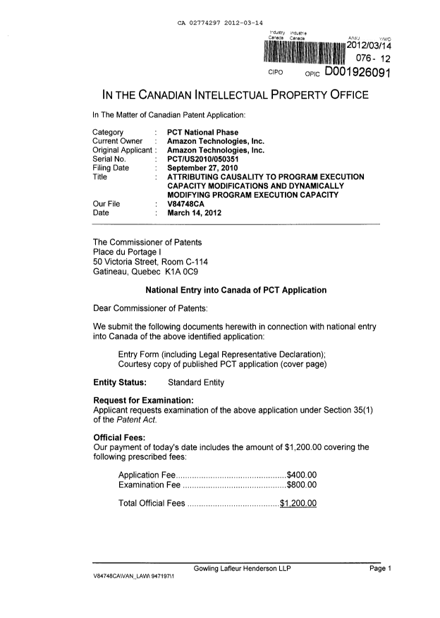 Canadian Patent Document 2774297. Assignment 20120314. Image 1 of 4