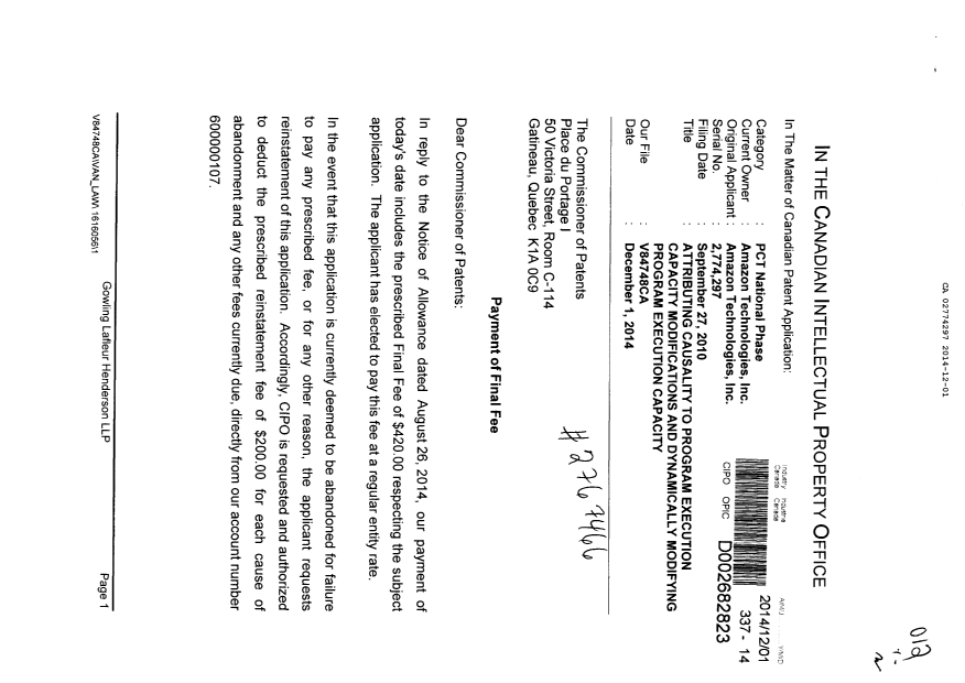 Canadian Patent Document 2774297. Correspondence 20141201. Image 1 of 2