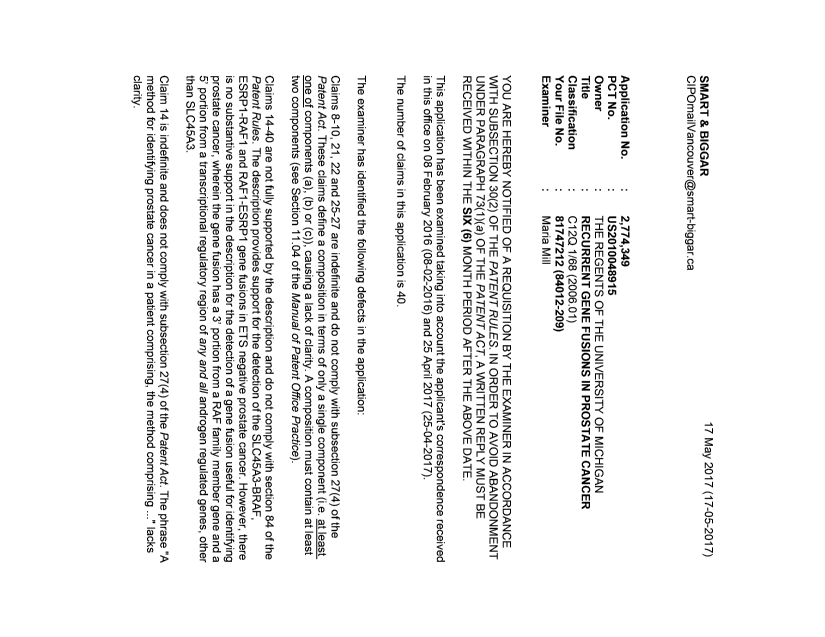 Document de brevet canadien 2774349. Demande d'examen 20170517. Image 1 de 3