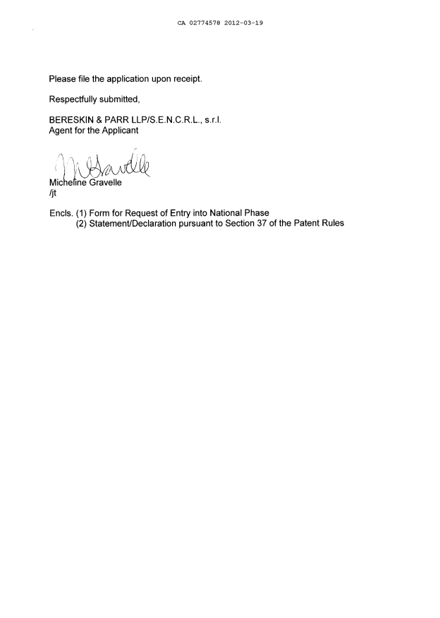 Document de brevet canadien 2774578. Cession 20120319. Image 2 de 5