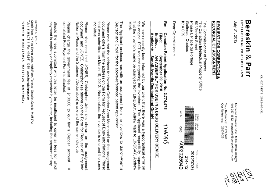 Document de brevet canadien 2774578. Correspondance 20120731. Image 1 de 2