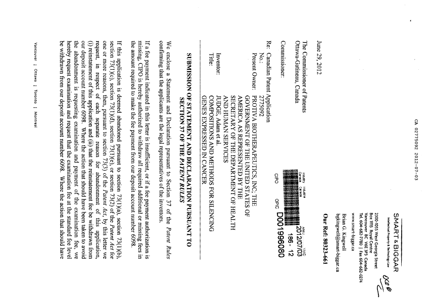 Document de brevet canadien 2775092. Correspondance 20120703. Image 1 de 3