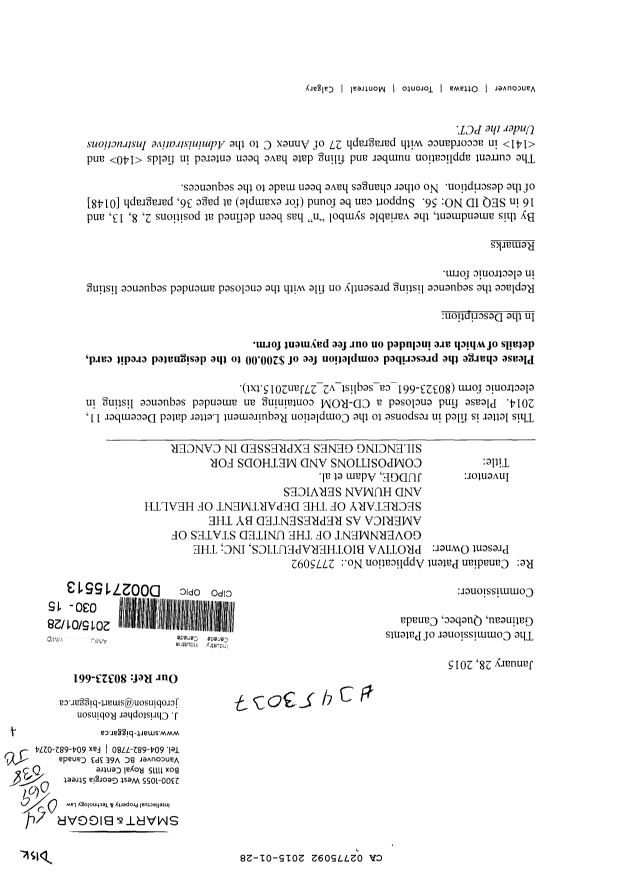 Canadian Patent Document 2775092. Prosecution-Amendment 20150128. Image 1 of 2