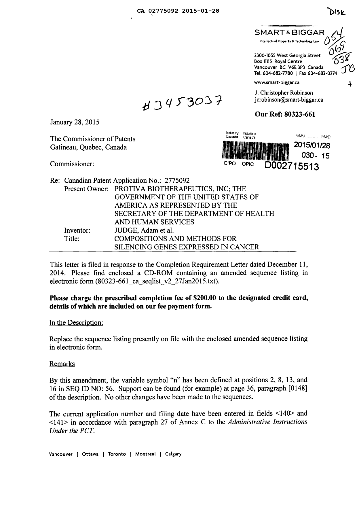 Canadian Patent Document 2775092. Prosecution-Amendment 20150128. Image 1 of 2
