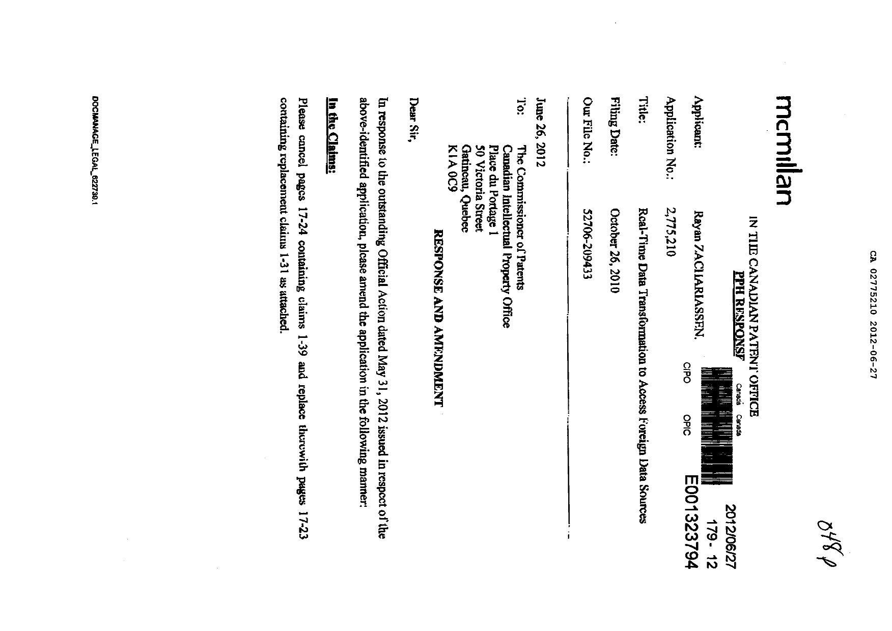 Canadian Patent Document 2775210. Prosecution-Amendment 20120627. Image 1 of 9