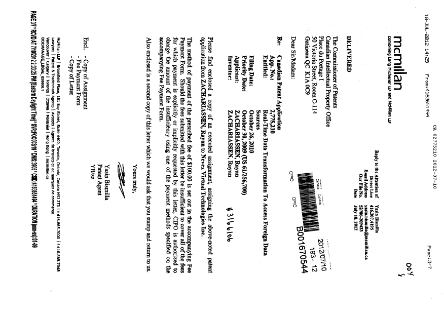 Document de brevet canadien 2775210. Cession 20120710. Image 1 de 6