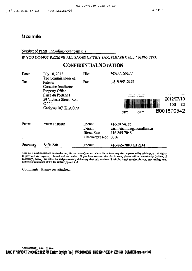 Document de brevet canadien 2775210. Cession 20120710. Image 6 de 6