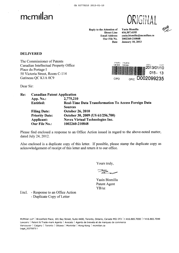 Document de brevet canadien 2775210. Poursuite-Amendment 20130110. Image 1 de 10