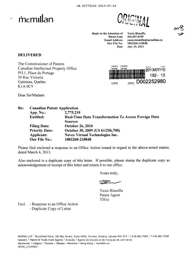 Document de brevet canadien 2775210. Poursuite-Amendment 20130710. Image 1 de 4