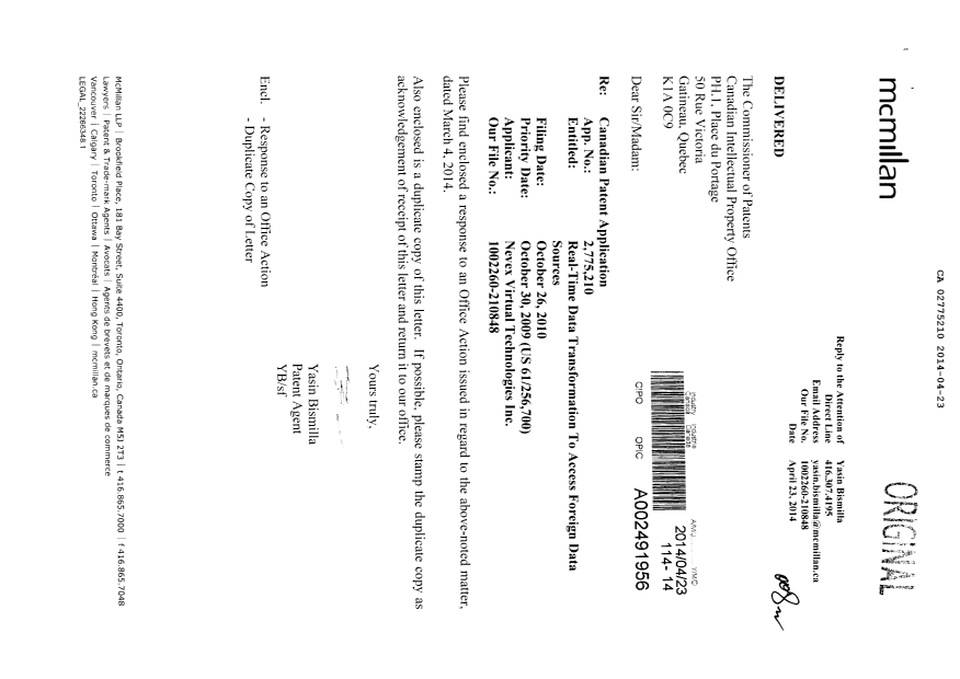 Canadian Patent Document 2775210. Prosecution-Amendment 20140423. Image 1 of 3