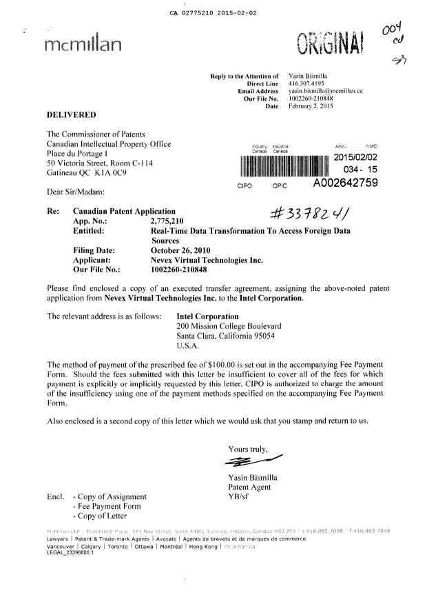 Document de brevet canadien 2775210. Cession 20150202. Image 1 de 4