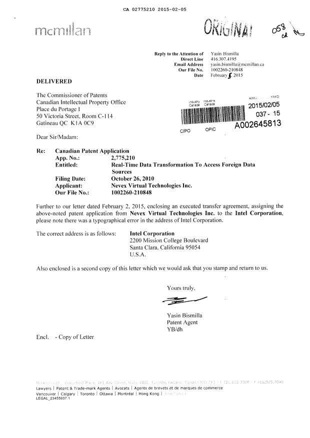Document de brevet canadien 2775210. Correspondance 20150205. Image 1 de 1