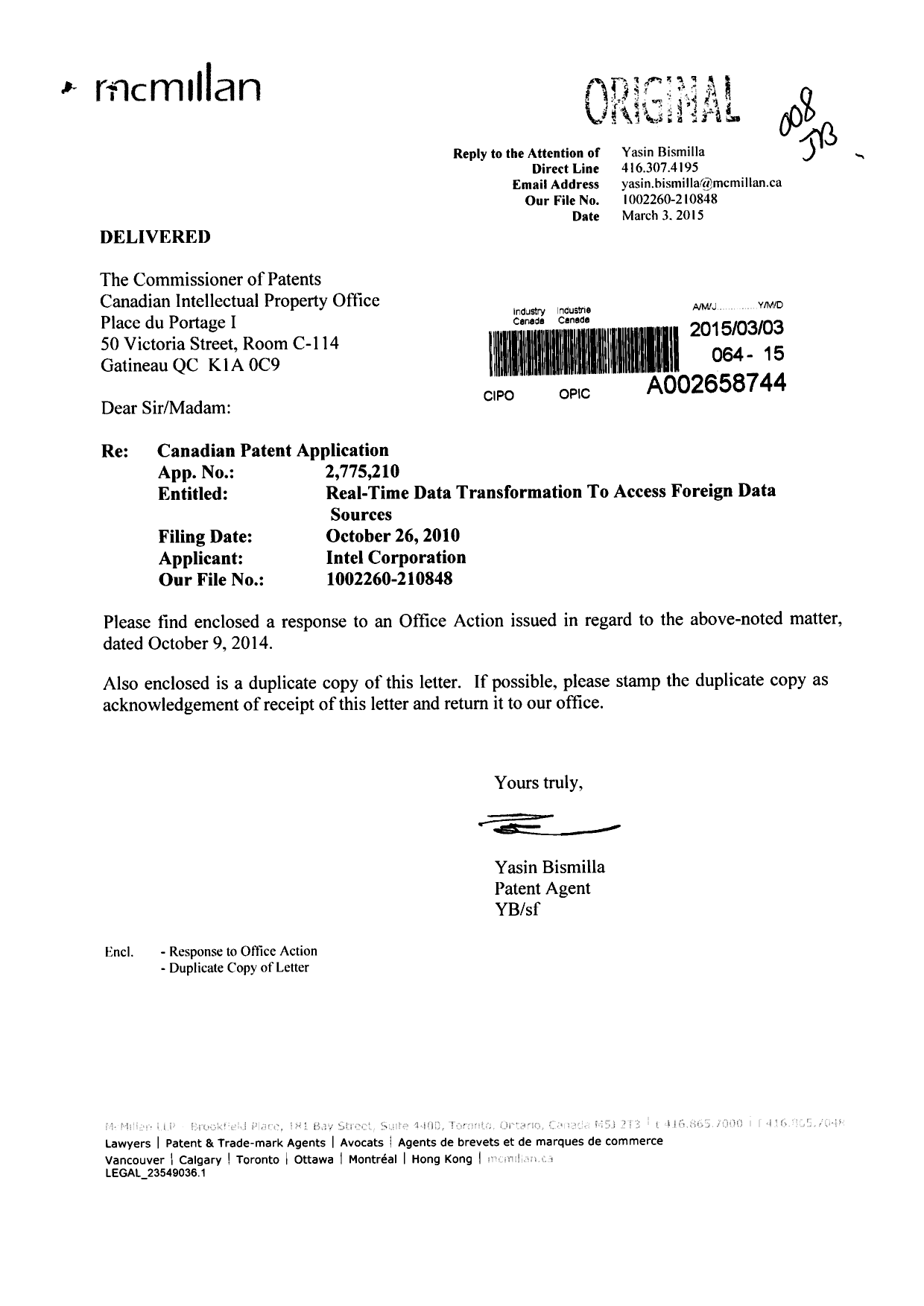 Document de brevet canadien 2775210. Poursuite-Amendment 20150303. Image 1 de 4