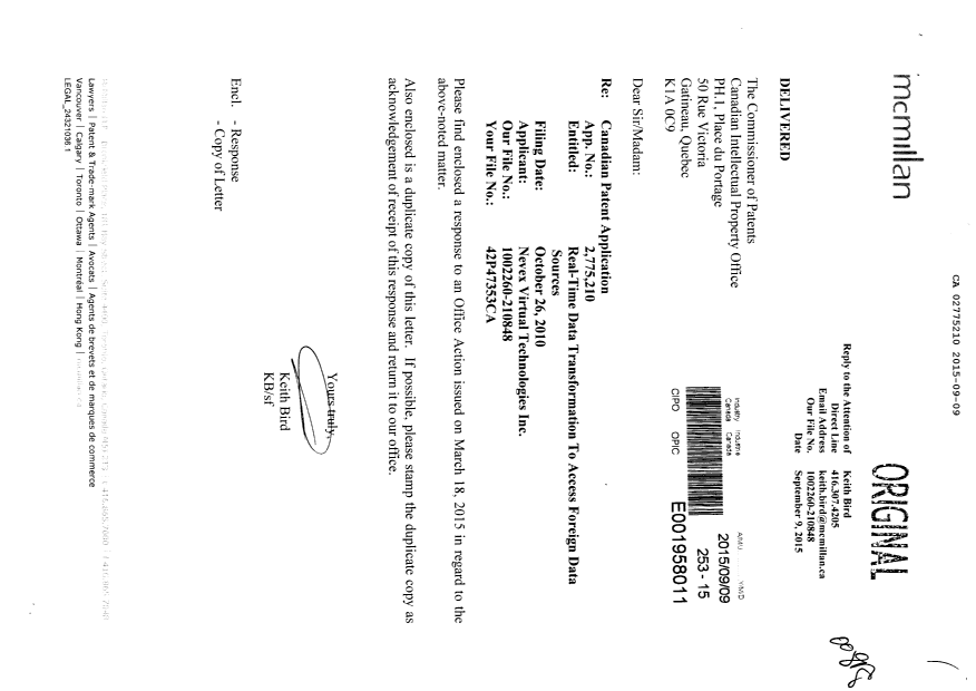 Document de brevet canadien 2775210. Modification 20150909. Image 1 de 12