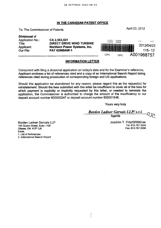 Document de brevet canadien 2775415. Poursuite-Amendment 20120423. Image 1 de 1