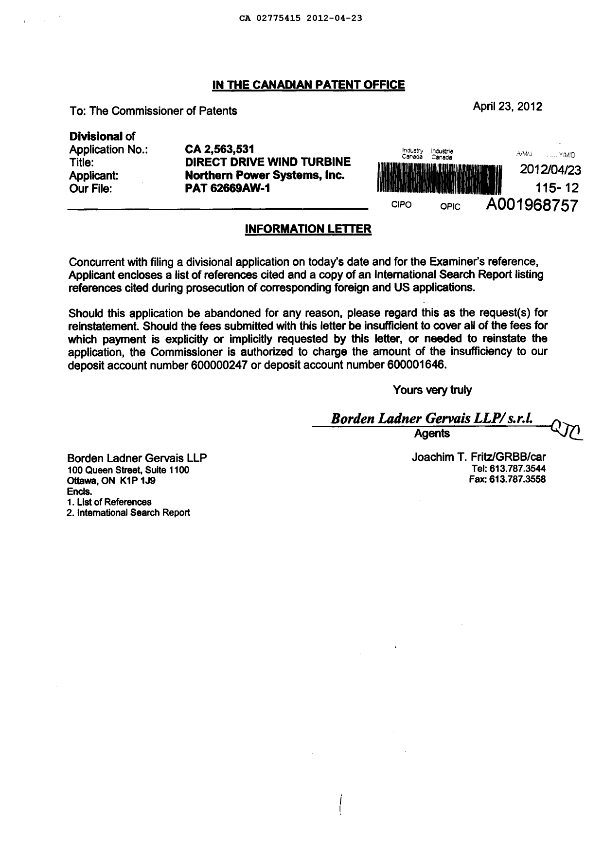 Document de brevet canadien 2775415. Poursuite-Amendment 20120423. Image 1 de 1