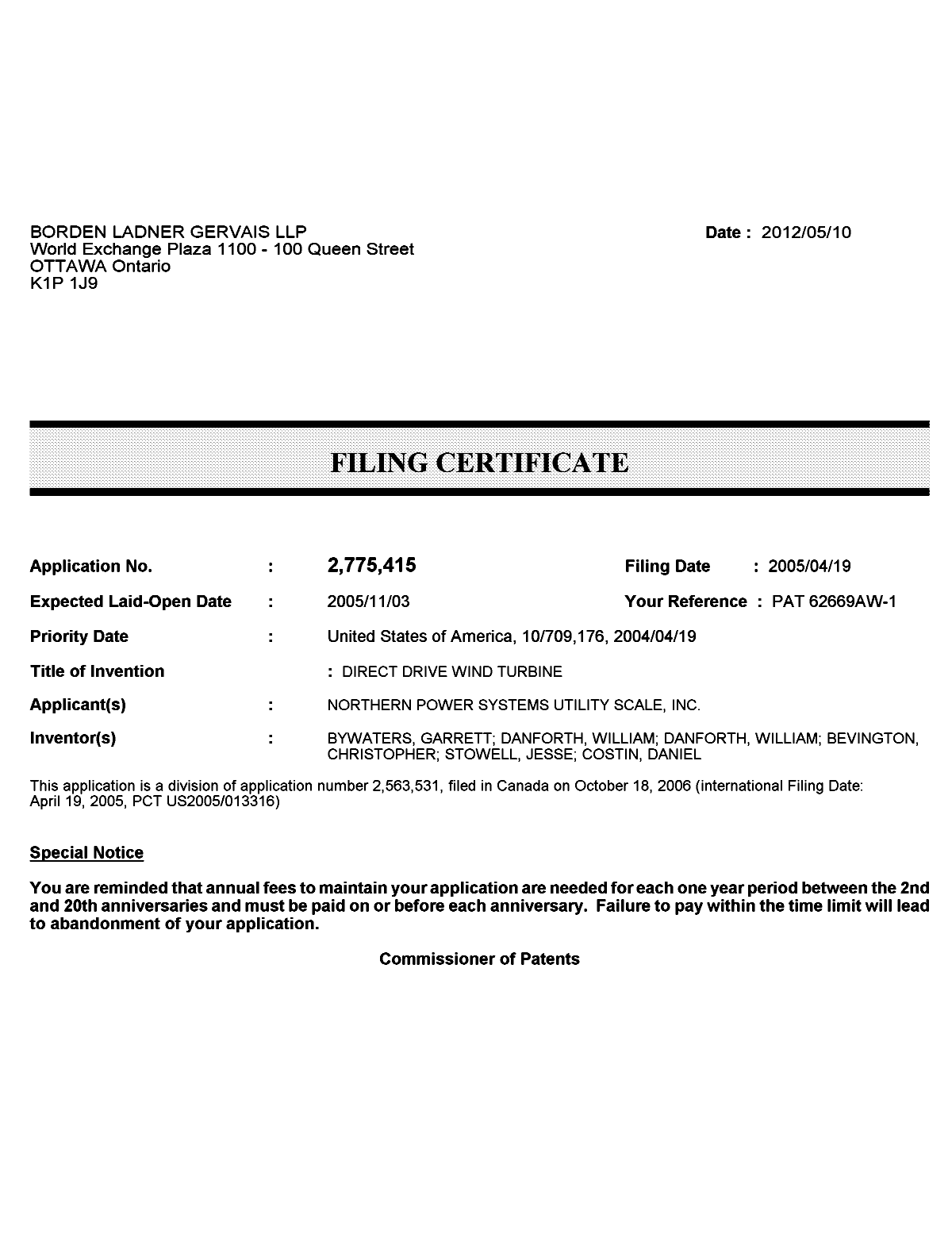 Document de brevet canadien 2775415. Correspondance 20120510. Image 1 de 1