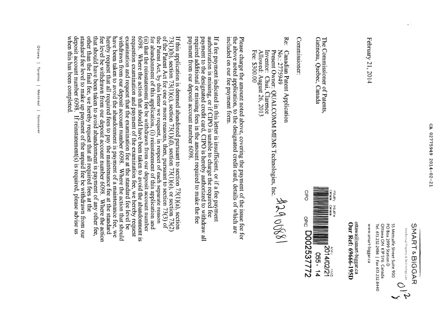 Document de brevet canadien 2775949. Correspondance 20140221. Image 1 de 2