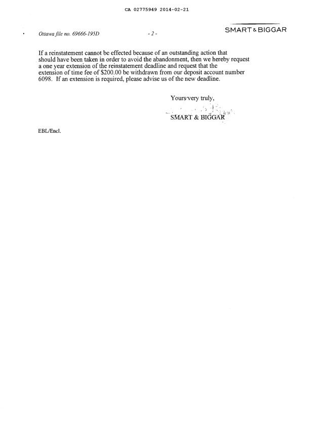 Document de brevet canadien 2775949. Correspondance 20140221. Image 2 de 2