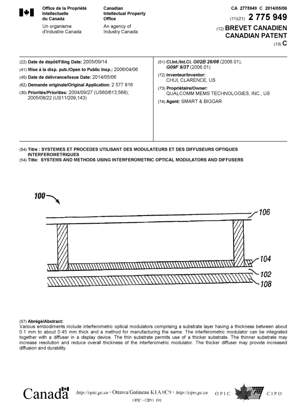 Document de brevet canadien 2775949. Page couverture 20140410. Image 1 de 1