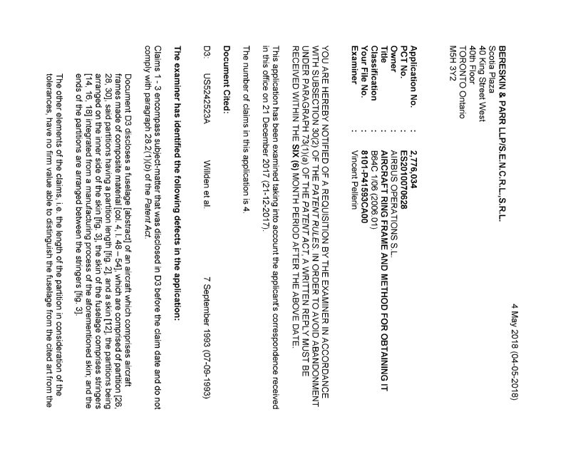 Document de brevet canadien 2776034. Demande d'examen 20180504. Image 1 de 4