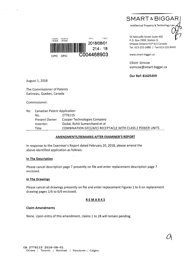 Document de brevet canadien 2776115. Modification 20180801. Image 1 de 9